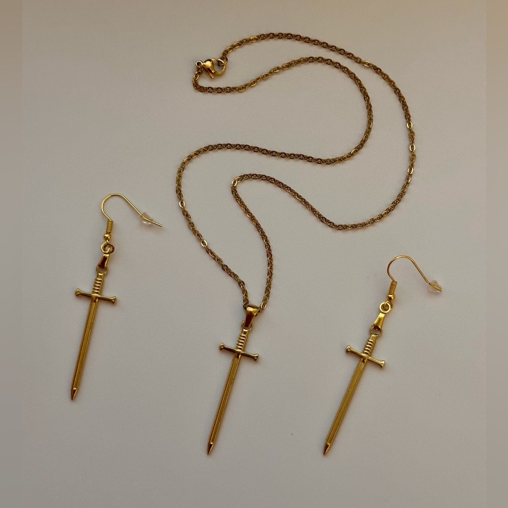Sword Pendant Necklace and Earrings Jewelry Set Stainless Steel Gold Tone